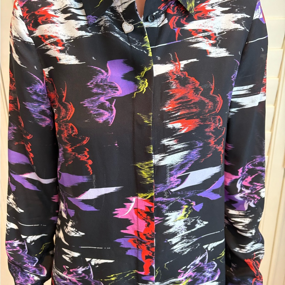 ALICE + OLIVIA abstract Multicolor Print Long Sleeve Blouse. Size Xsmall. Silk. - Picture 6 of 8